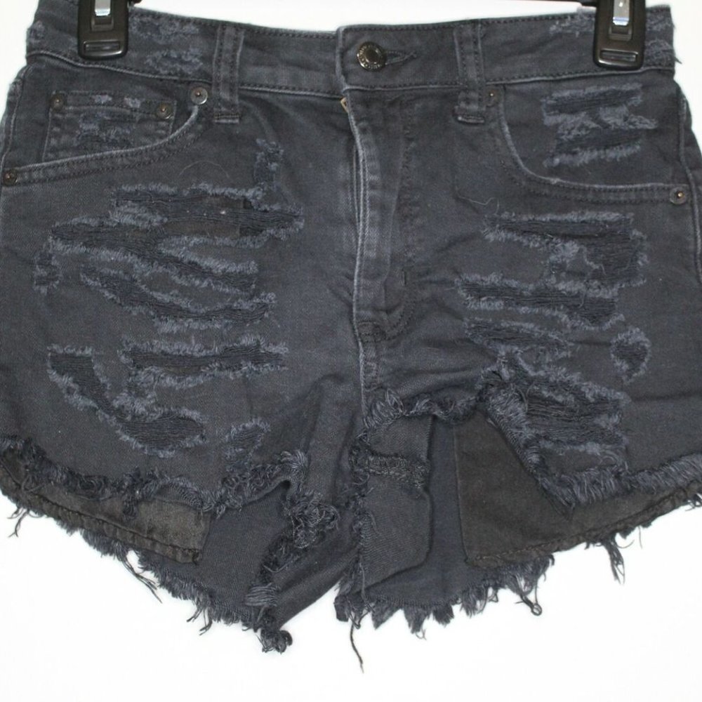 ✨2/$20 American Eagle Vintage Hi Rise Festival Jean Shorts Black Distressed Sz 0 - Picture 2 of 12